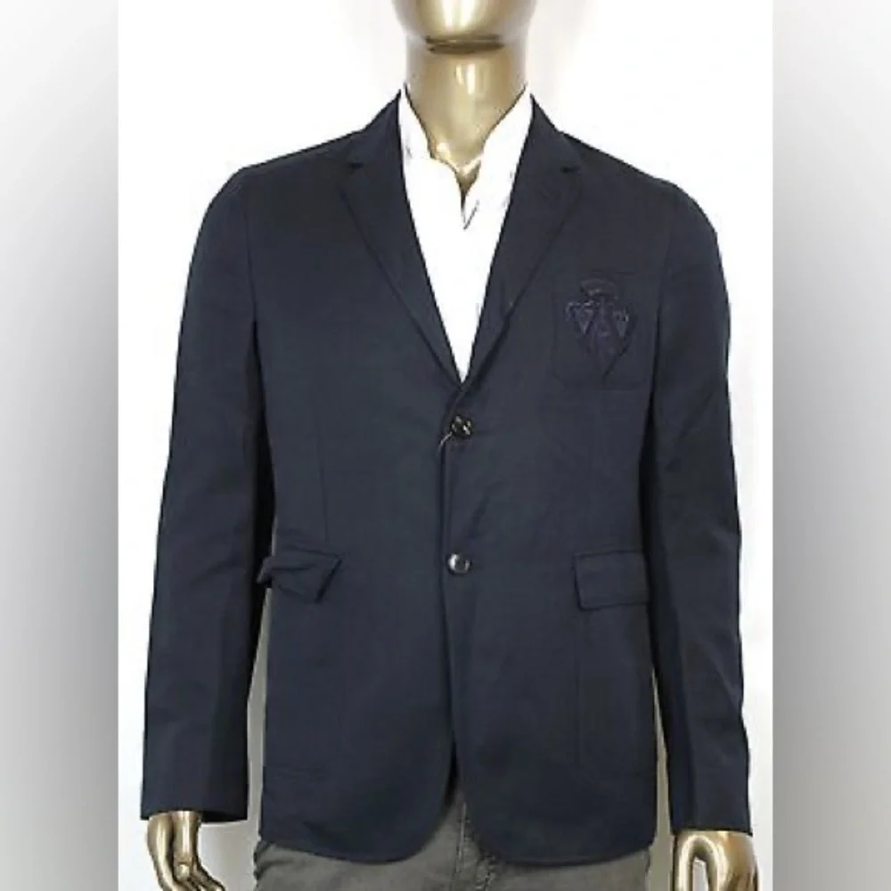 Gucci Men's Cotton Linen Hysteria Crest Blazer Jacket - Navy Blue + Garment Bag